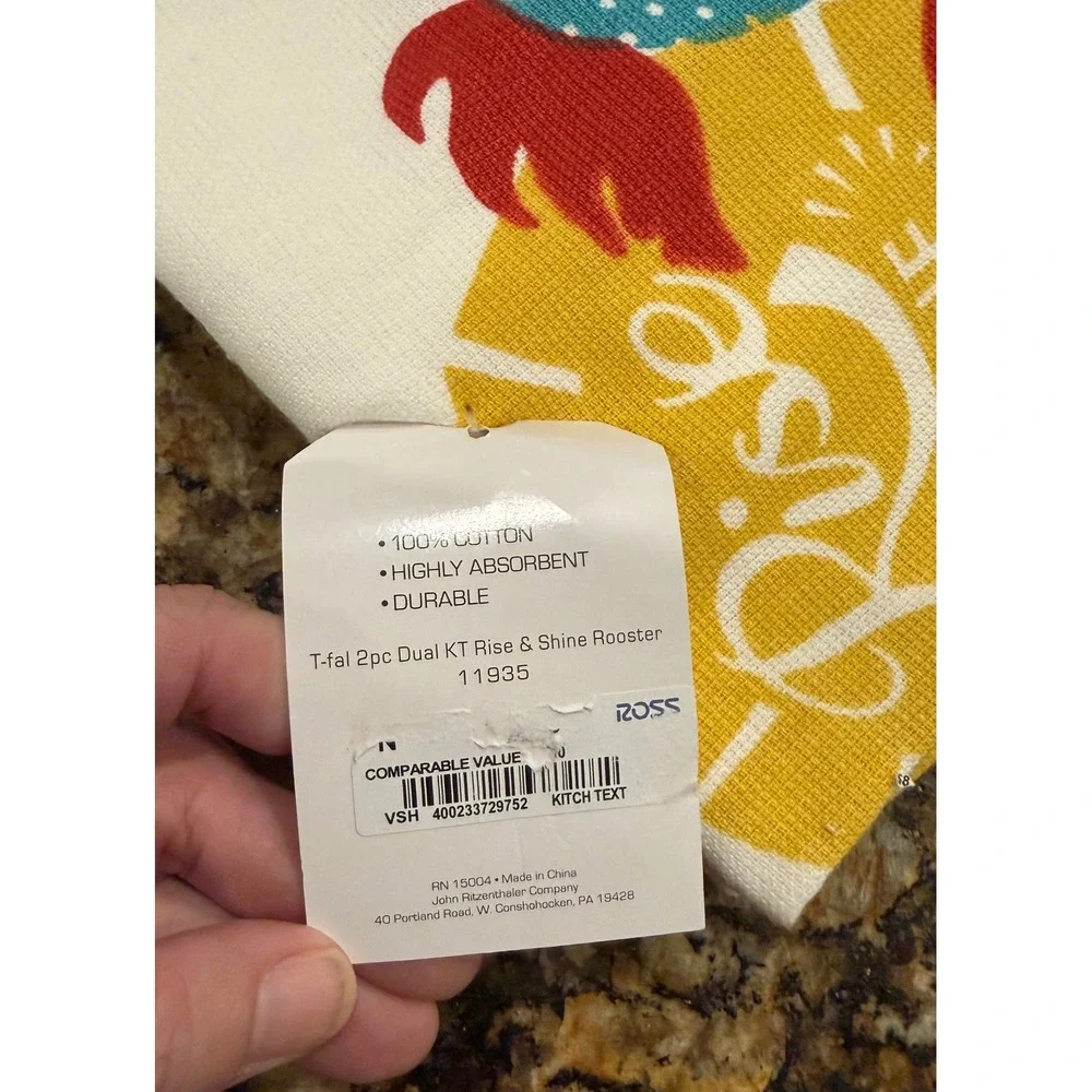 T-fal Kitchen Towels Multi Color Rise & Shine Rooster Chicken 2pc Set NEW